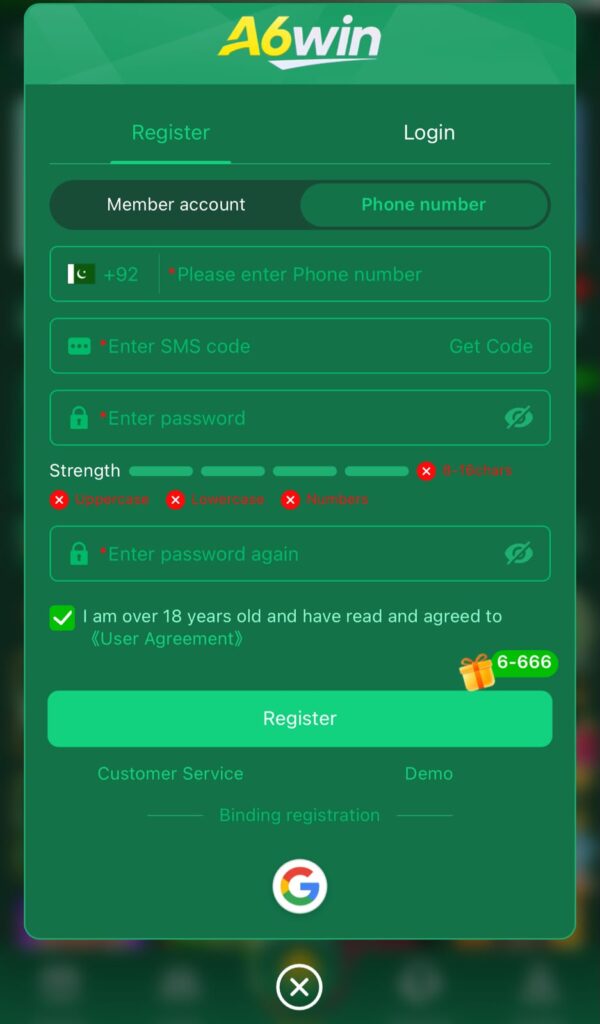 A6win game account registeration screenshot