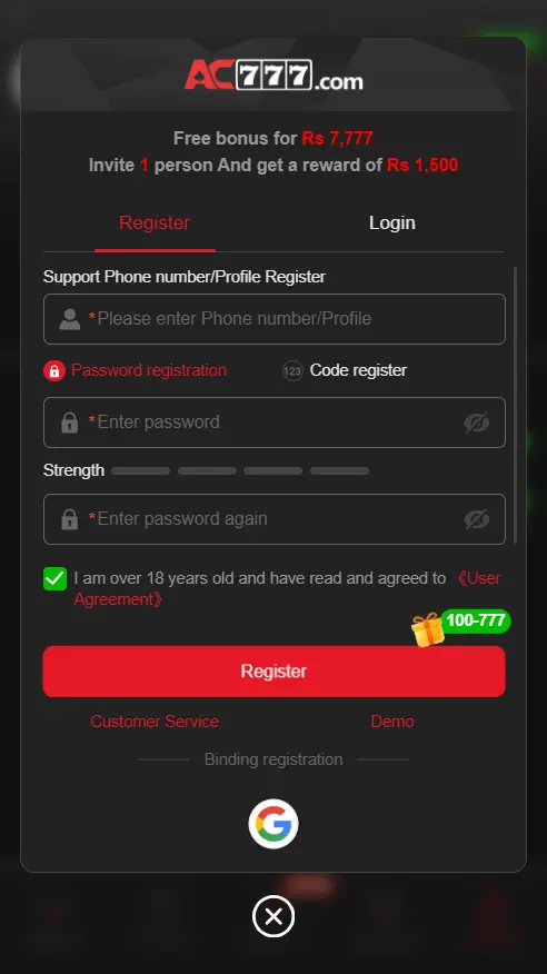 ac777 game register screenshot